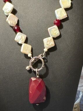 Baroque Freshwater Pearl & Red Faceted Pendant Necklace Toggle Clasp Statement